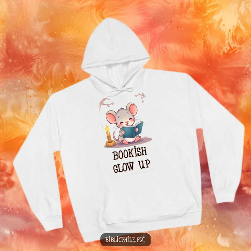 Funny hoodie featuring a happy mouse reading a book by candlelight, perfect for cozying up with a story.