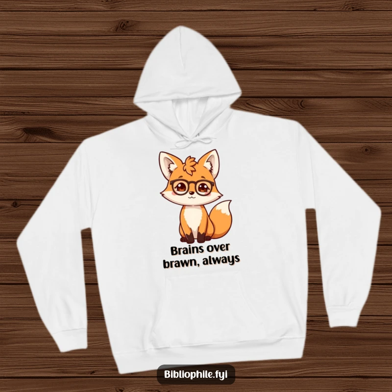 Funny scholarly fox adjusting its spectacles, depicted on a warm, comfortable hoodie for a cozy, intellectual vibe.