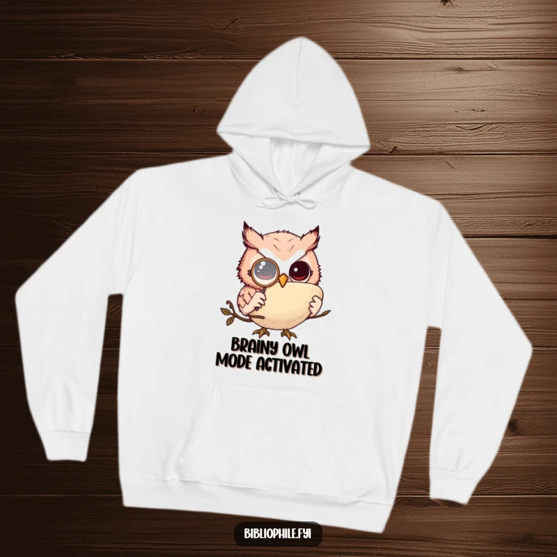 Funny owl monkler hoodie, monocle-wearing owl reading a massive tome, cozy and hilarious funny gift.
