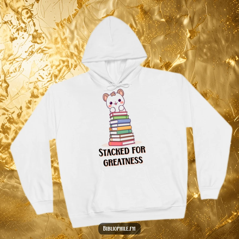 Funny hoodie with a cute animal character joyfully stacking books to form a tower, emphasizing the joy of reading.