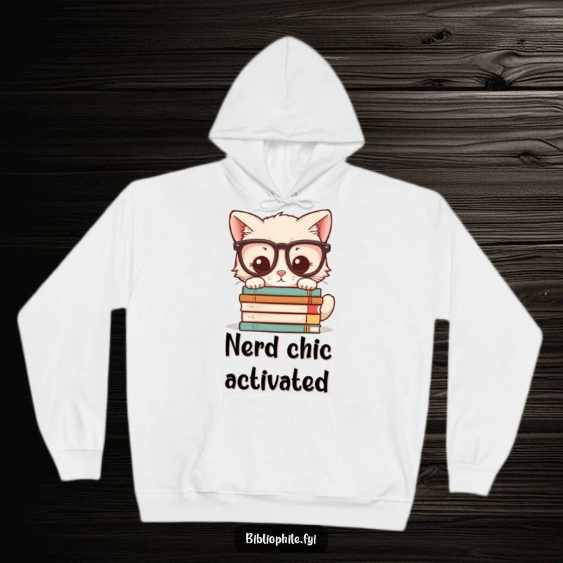Funny hoodie with a kawaii kitten character wearing glasses, peering at a stack of novels, perfect for warmth and intellect.