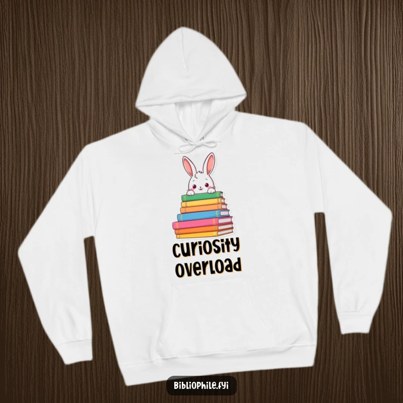 Funny rabbit peeking over book stacks on a cozy hoodie, ideal for humorous literary adventures and gifts.