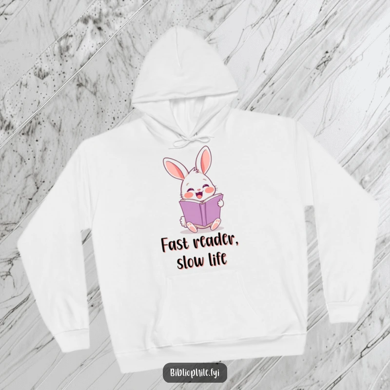 Funny rabbit hoodie with a cheerful character turning a page, cozy and enthusiastic literary fun.