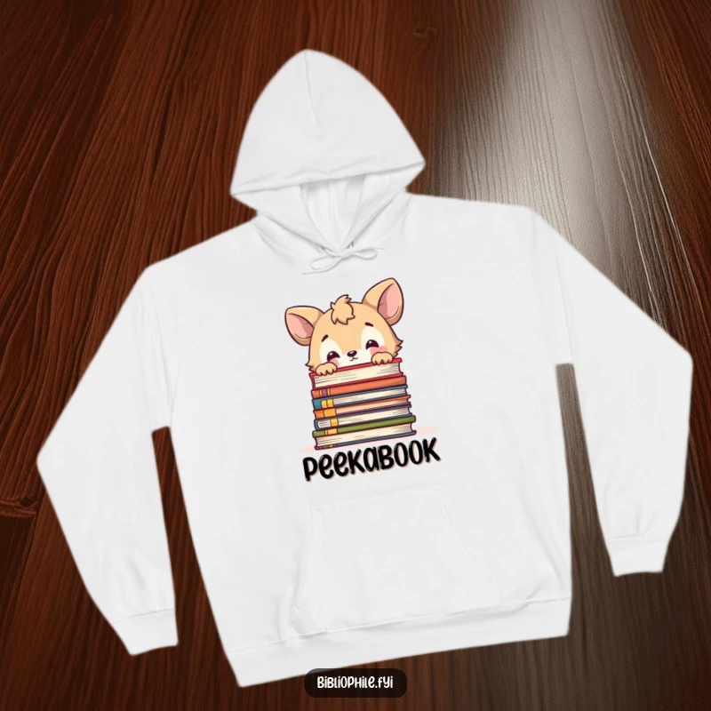 Funny hoodie featuring a cute animal character curiously peeking over a large stack of books, perfect for cozy contemplation.