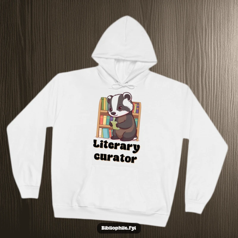 A diligent badger meticulously organizing tiny novels, featured on a comfortable and warm hoodie.