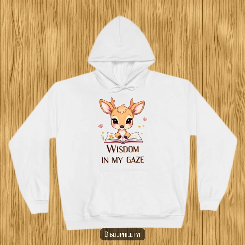 Funny hoodie featuring a charming deer character gazing at illustrated pages, perfect for cosy creative sessions.