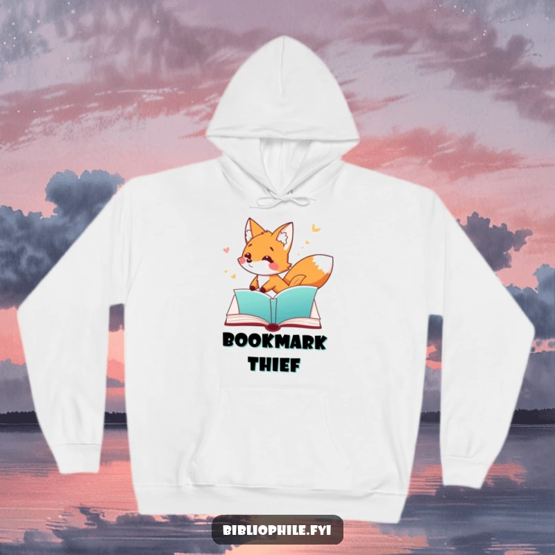 Funny Fox Hoodie showing a playful fox character chasing a fluttering bookmark through an open page, perfect for cozy reading.