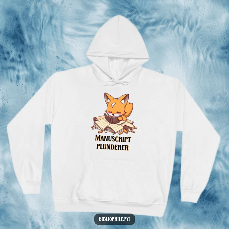 A playful fox enthusiastically digging through forgotten manuscripts, featured on a comfortable and warm hoodie.