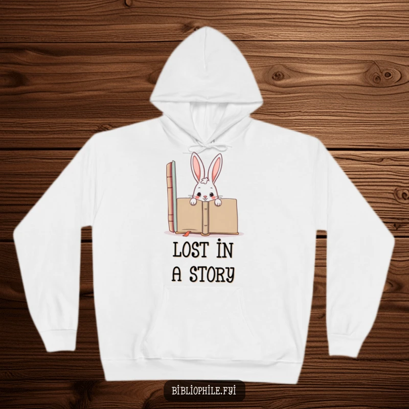 Funny hoodie with a mischievous rabbit character hiding behind a large book, suggesting a playful secret or hidden adventure.