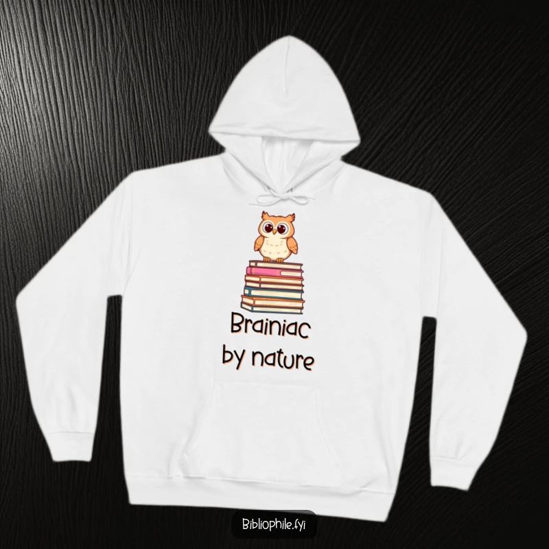Funny Owl Hoodie with a cute, stylized owl perched on a stack of oversized books, peering curiously, offering warmth and wit.