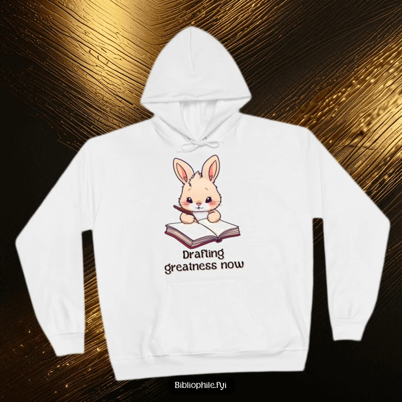 Funny fluffy rabbit holding a quill, poised to write in a large book, on a warm hoodie.