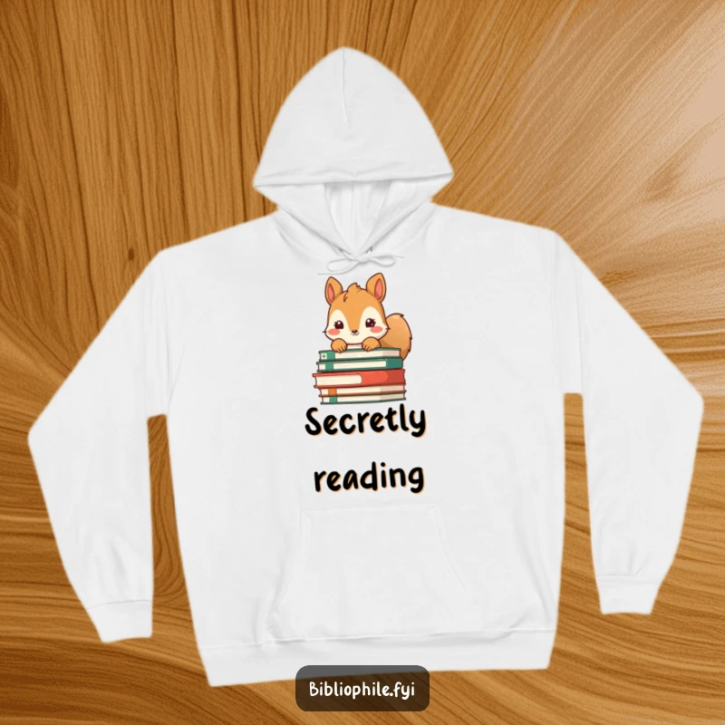 Funny Squirrel Hoodie: Cute squirrel peeking from behind a large pile of books, cozy and humorous.