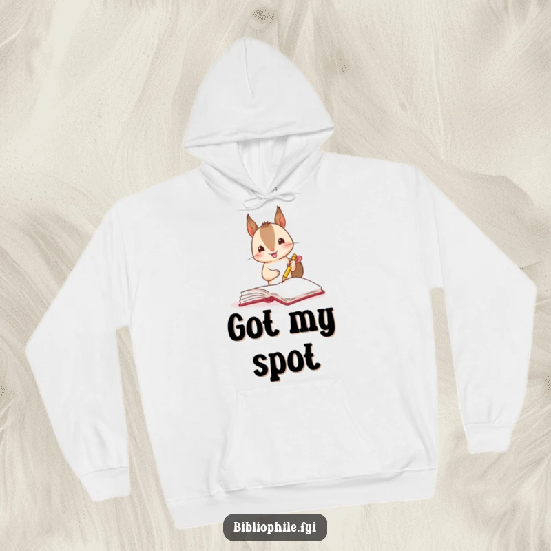 Funny small squirrel marking a book page with a ribbon, featured on a warm and comfortable hoodie.