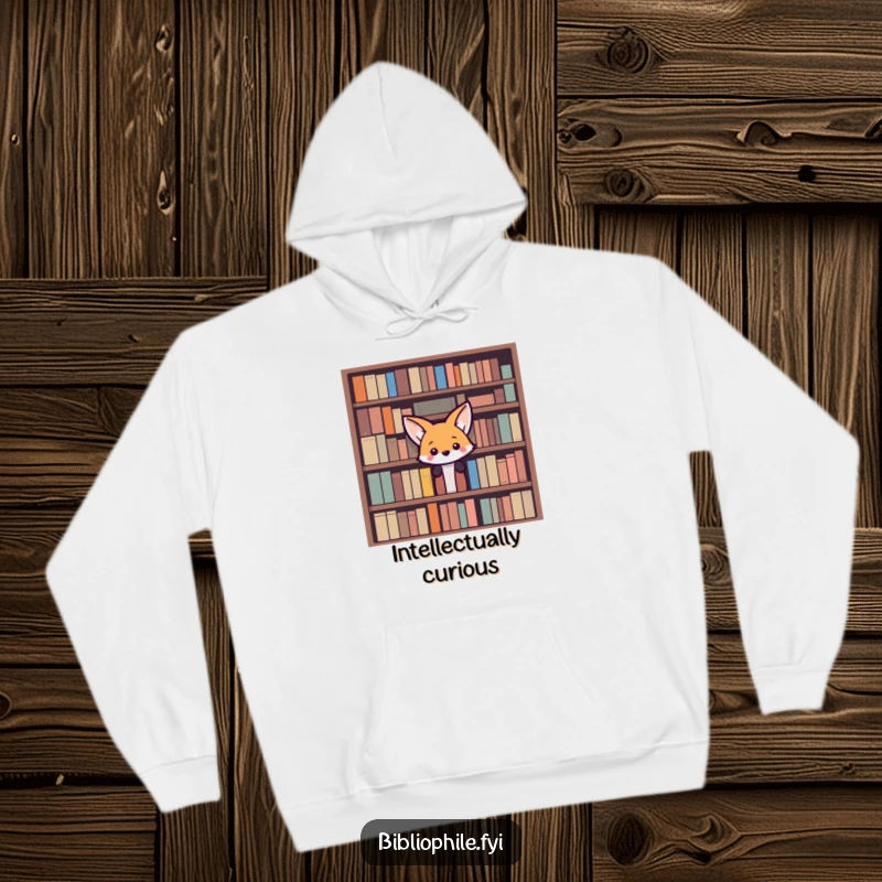 Funny Fox Hoodie: A curious fox peeks slyly from behind a massive bookshelf, designed for cozy reading sessions and witty charm.