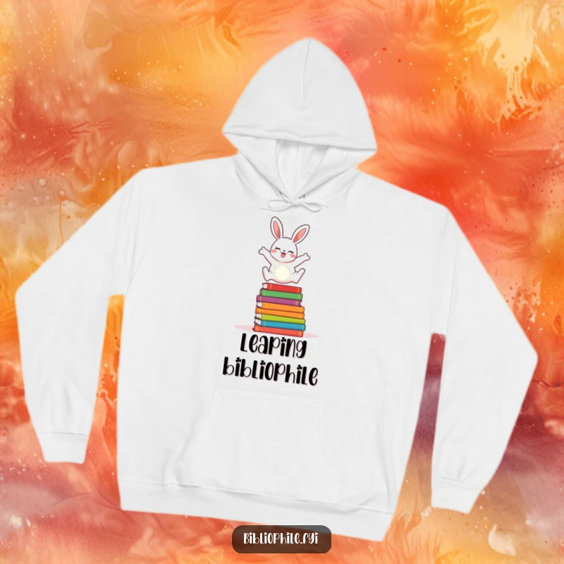 A cheerful rabbit joyfully leaping over colorful storybooks, featured on a comfortable and warm hoodie.