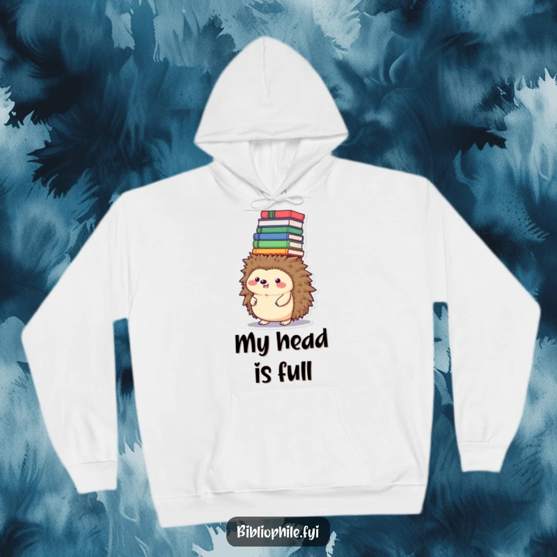 Funny hedgehog hoodie, balancing a large stack of books on its head, comfortable and funny gift.