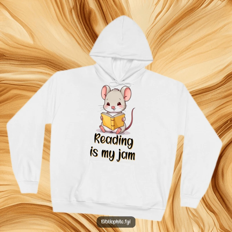 Funny Mouse Hoodie showing a cute mouse character amusingly reading a tiny book upside down, perfect for staying warm and embracing humor.