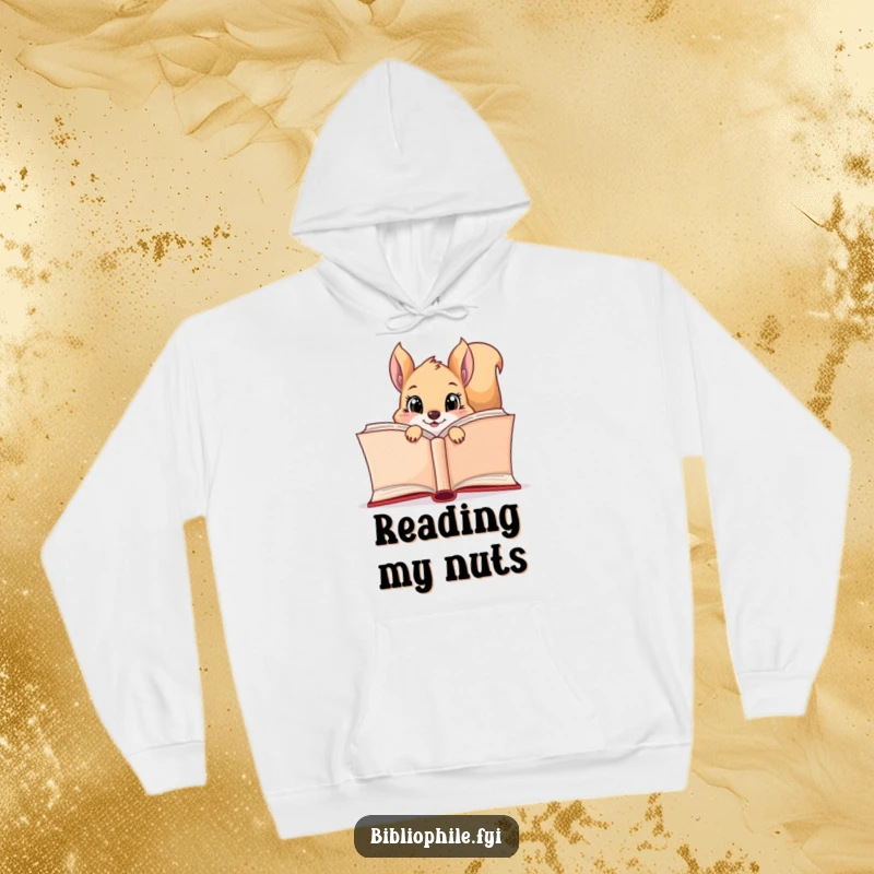 A curious squirrel with wide eyes peeking from behind a large open book, featured on a warm hoodie design.