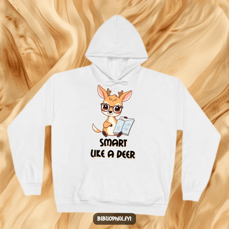 Funny Deer Hoodie showing a cute deer character wearing spectacles and pointing at a book diagram, offering warmth and intellectual humor.