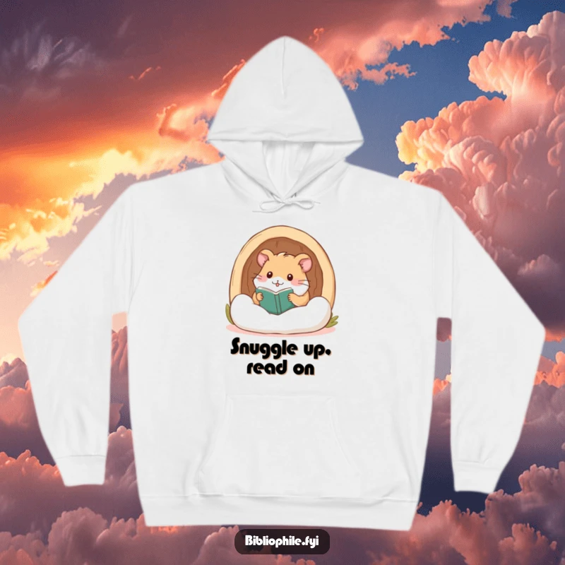 Adorable funny hamster peeking from a plush reading nook, depicted on a warm and cozy hoodie.