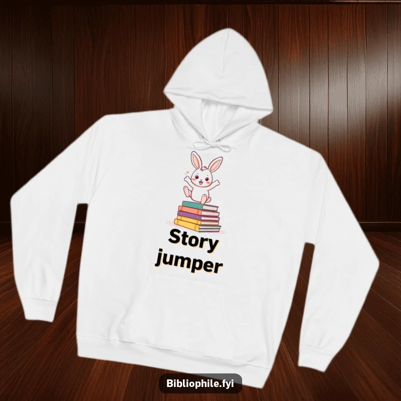 Funny Rabbit Hoodie showing an energetic rabbit character bouncing excitedly on a pile of storybooks, ideal for cozy readers.