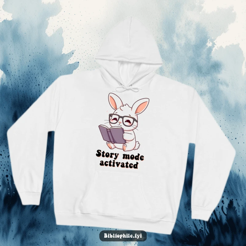 Funny Rabbit Hoodie: Adorable rabbit with glasses, lost in a captivating story, cozy and humorous.