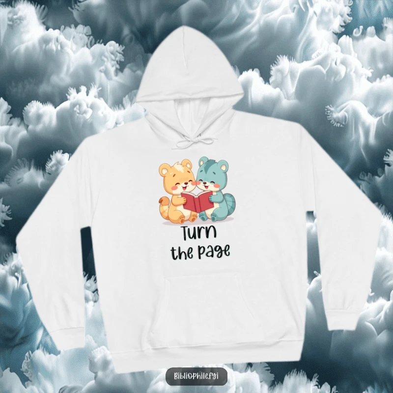 Funny hoodie with a cute animal character happily presenting a book to another, emphasizing the joy of shared reading experiences.