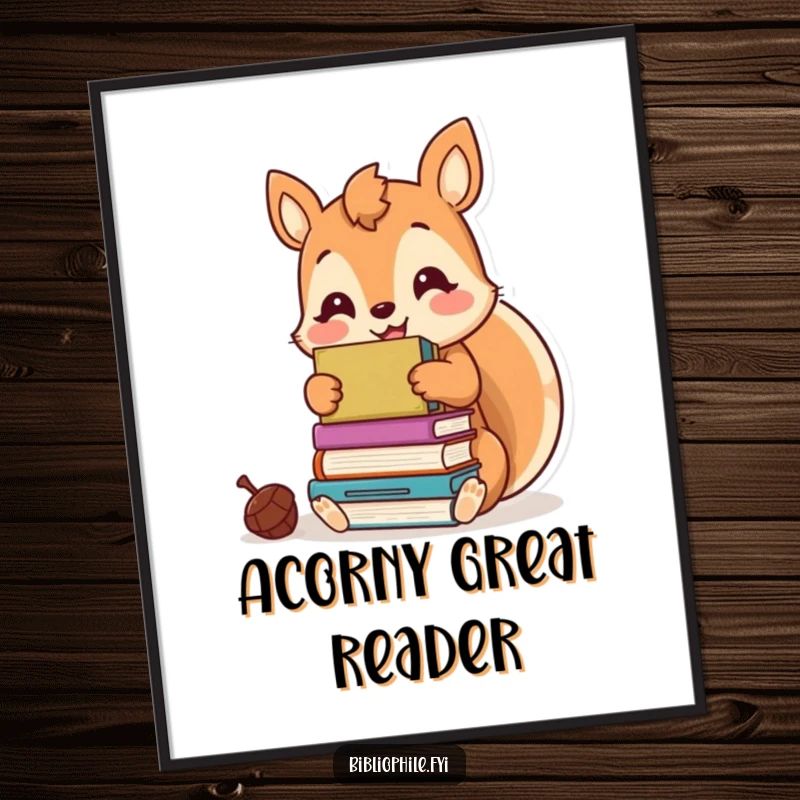 Whimsical free printable wall art of a happy kawaii squirrel hoarding a stack of books, adding bookish humor and charm.