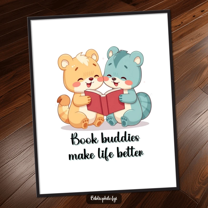 Funny Free Printable Wall Art: Two cute animals sharing a book, illustrating friendship and the joy of reading, whimsical decor.