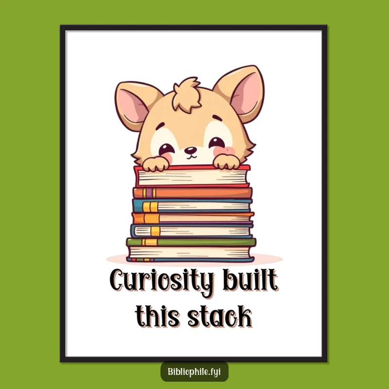 Free Printable Wall Art: Curious Animal, Book Stack Peek, Downloadable Whimsy
