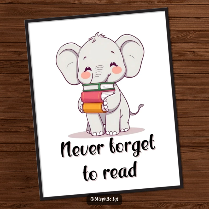 Funny Free Printable Wall Art: Cheerful elephant balancing a stack of books on its trunk, radiating warmth.