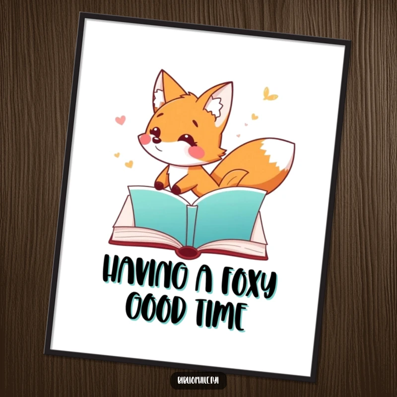Funny Free Printable Fox Wall Art: A playful fox character chasing a bookmark through an open book page. Downloadable art.