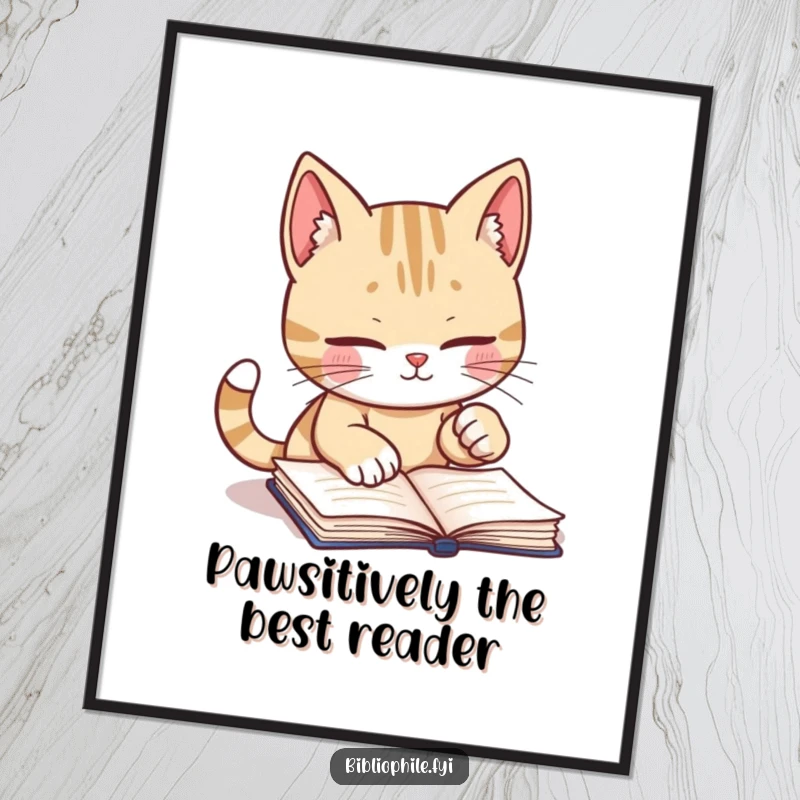 Funny Free Printable Wall Art depicting a cute cat diligently marking a page in a book with its playful paw.