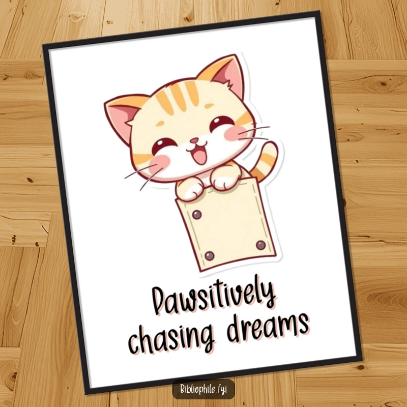 Funny free printable wall art of a kawaii cat character captured mid-pounce, adding playful energy and downloadable charm to any room.