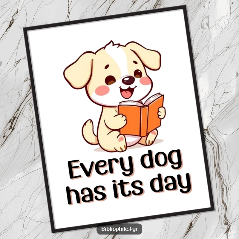 Playful free printable wall art of a kawaii dog wagging its tail excitedly while holding a storybook, adding happy vibes.
