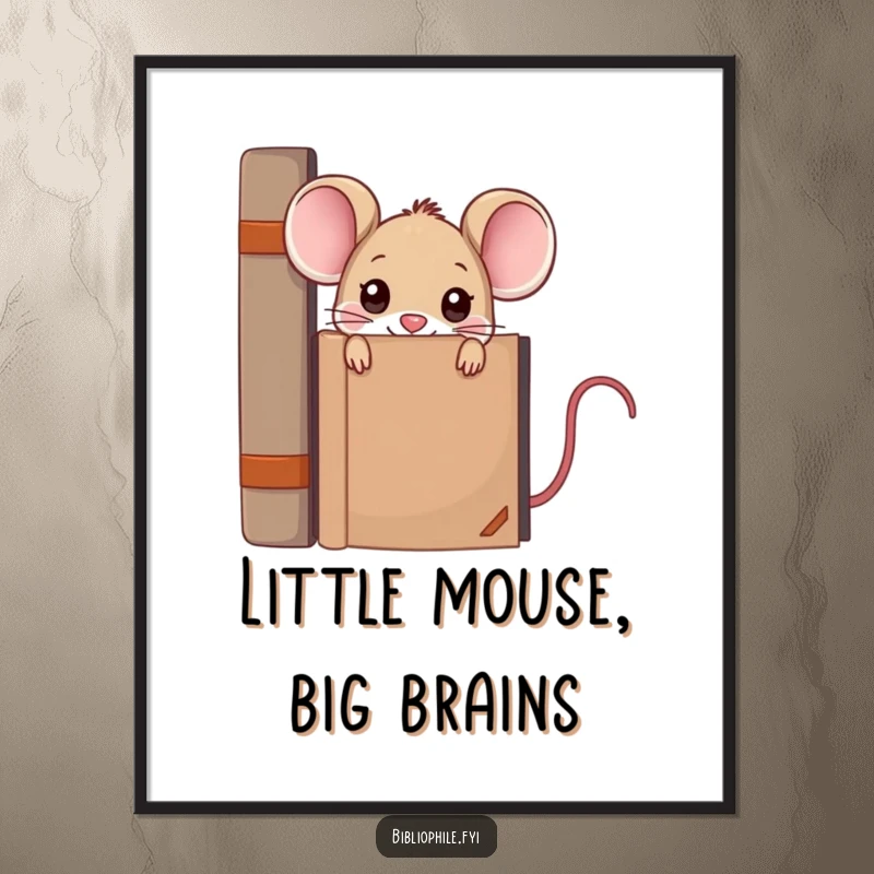 Whimsical free printable wall art of a kawaii mouse peeking from behind a large encyclopedia, adding bookish humor and charm.