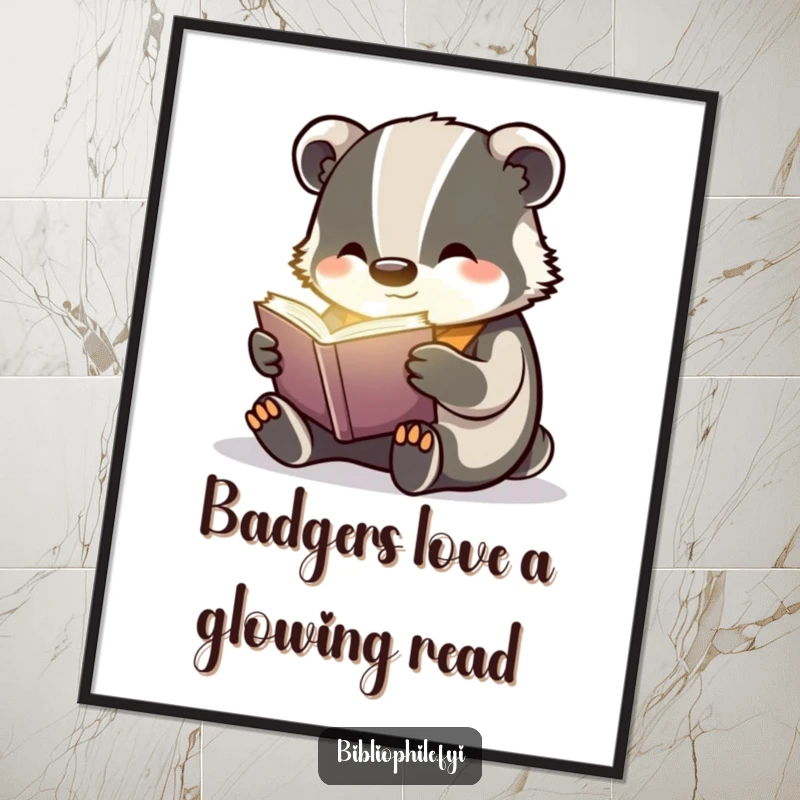 Funny Free Printable Wall Art: A cheerful badger is deeply engrossed in reading a book that glows faintly, creating a magical scene.