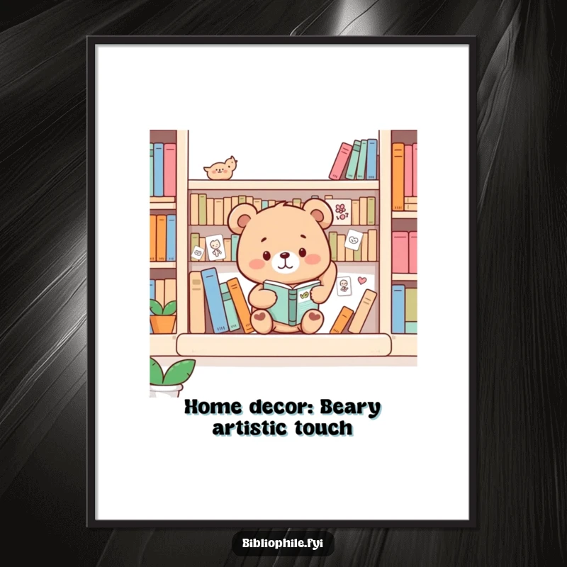 Funny Free Printable Wall Art: A cute bear happily adding tiny drawings to a bookshelf, whimsical and artistic decor.