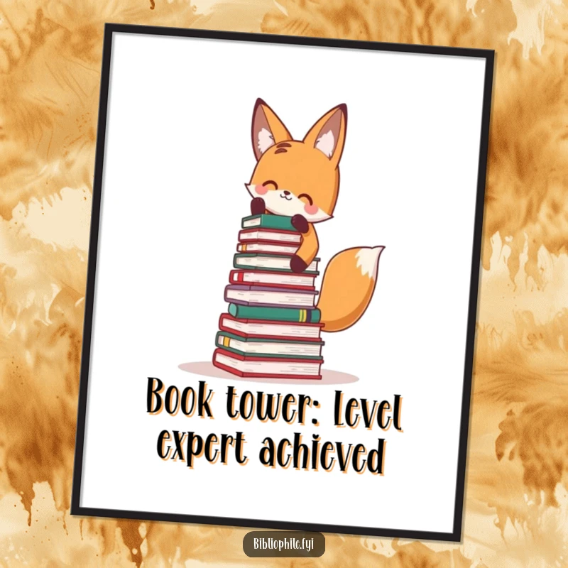 Funny Free Printable Wall Art: A cute fox character intensely stacking a precarious tower of colorful books, playful decor.