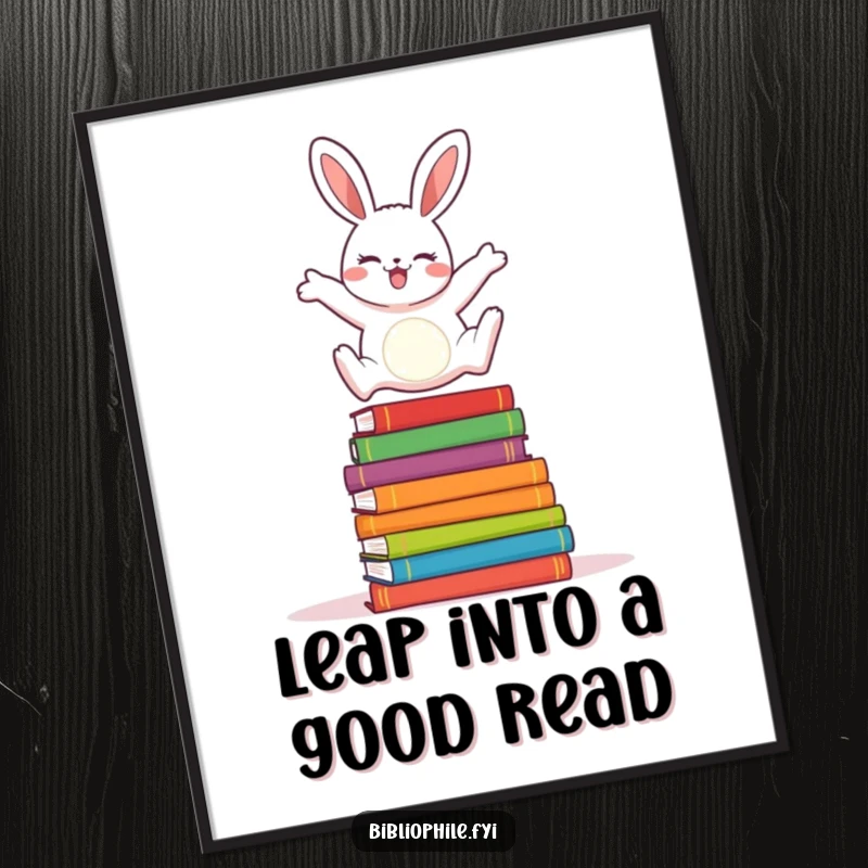 Funny Free Printable Wall Art: A happy rabbit joyfully leaps over a pile of colorful children's storybooks.
