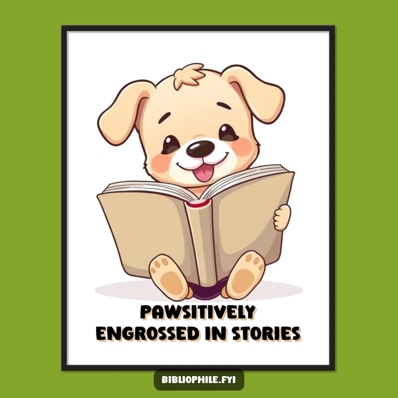 Free Printable Wall Art: Puppy Reading Big Book, Funny Downloadable Decor