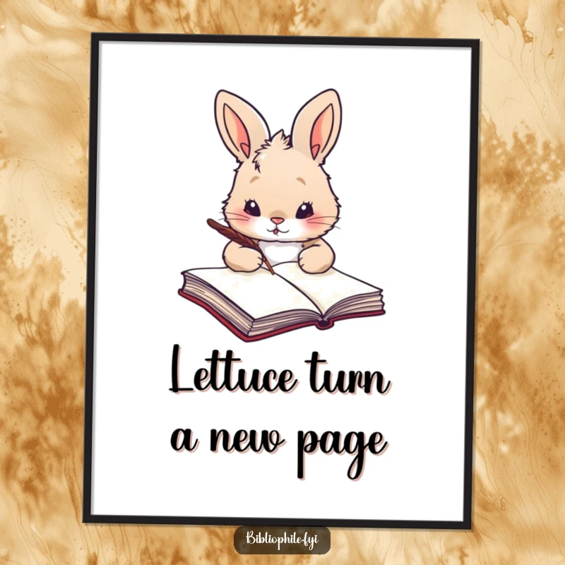 Funny Free Printable Wall Art: A fluffy rabbit holds a quill, poised to write in a large, ancient tome, artistic and amusing.