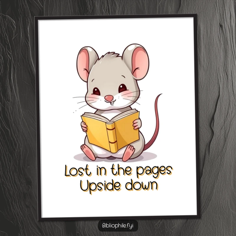 Funny Free Printable Wall Art: A cute mouse engrossed in a tiny book read upside down with great amusement.
