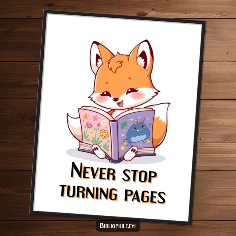 Funny Free Printable Wall Art: Energetic Fox Absorbed in a Brightly Illustrated Book, Cozy Reading Nook Decor