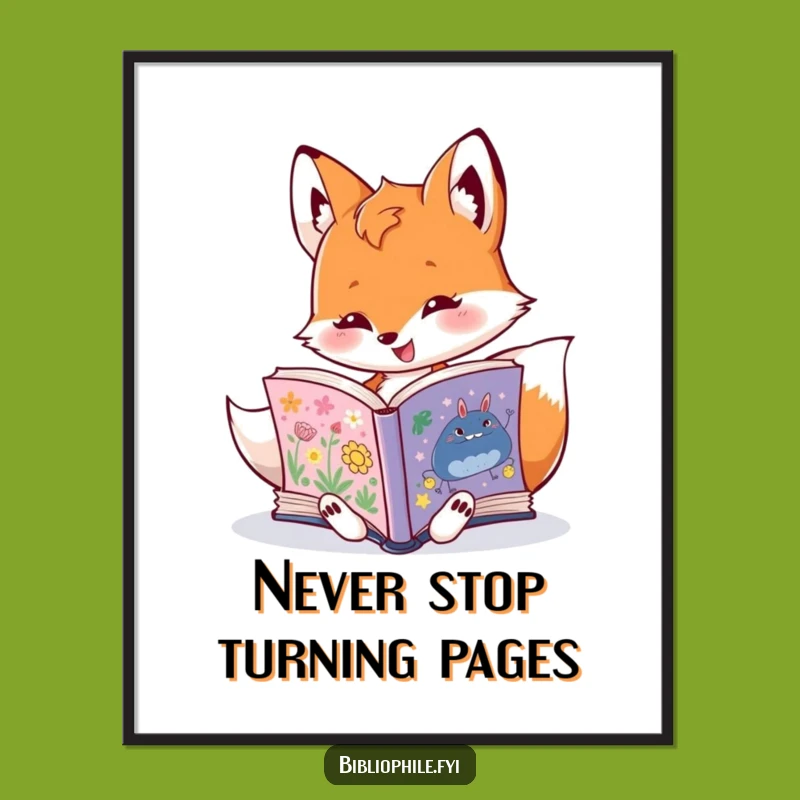 Funny Free Printable Wall Art: Excited Fox Reading Book, Whimsical Downloadable Art Gift