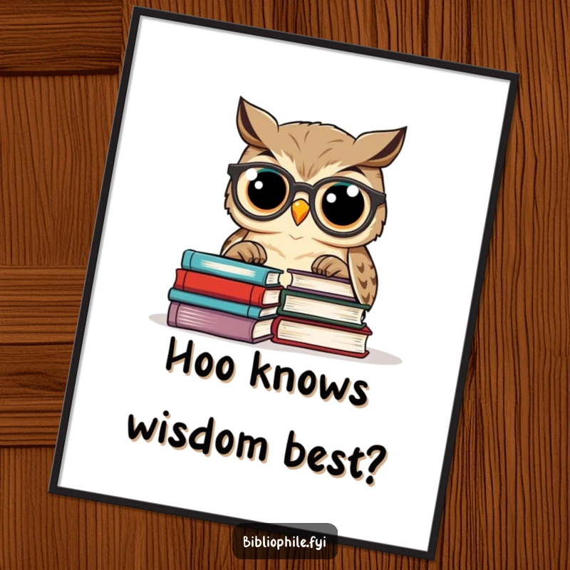 Funny Free Printable Wall Art: A wise owl wearing spectacles peers intently at a big stack of books, scholarly and amusing.