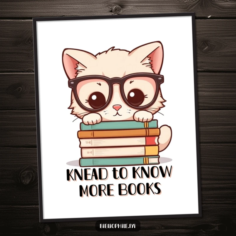 Funny Free Printable Wall Art: A kawaii kitten wearing glasses peers intently at a stack of novels, a cozy and intellectual scene.