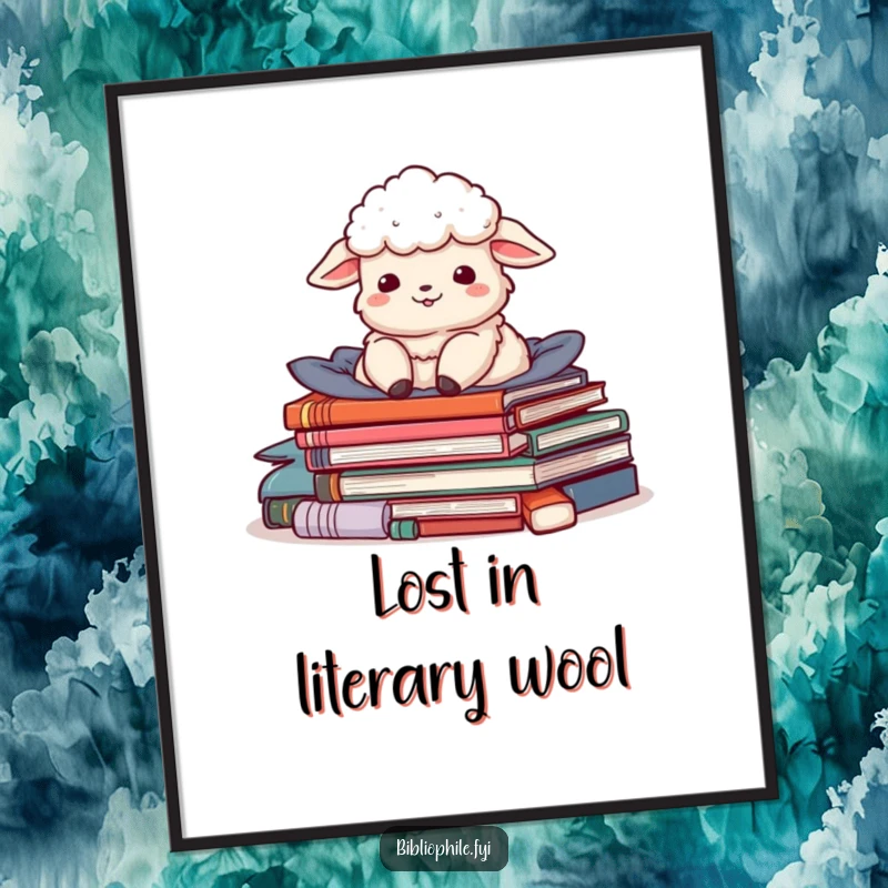 Funny Free Printable Wall Art: A delighted sheep comfortably rests within a large pile of colorful books and stories.