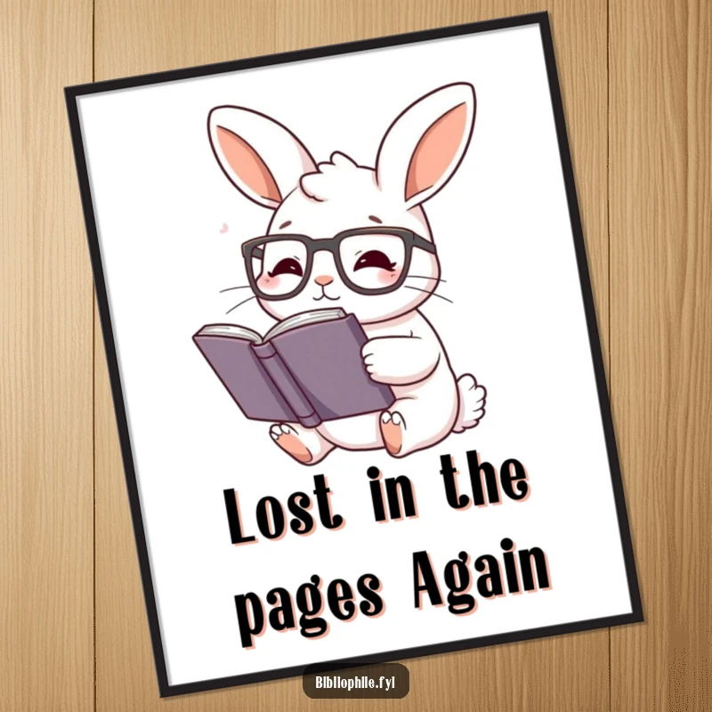 Funny Free Printable Wall Art: Cute rabbit character wearing glasses, completely absorbed in reading a book, whimsical art.