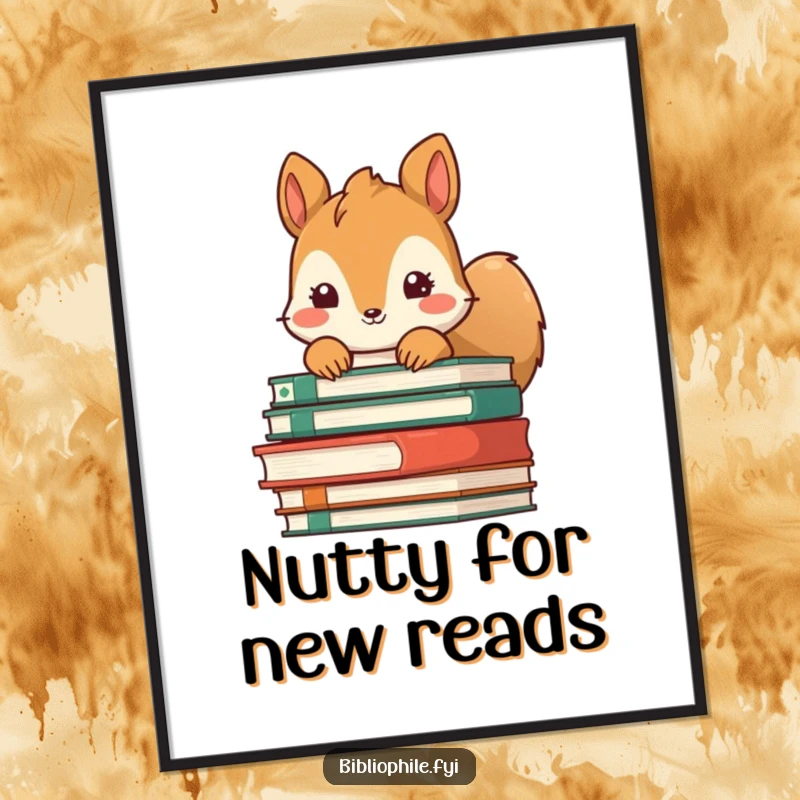 Funny Free Printable Wall Art: A cute squirrel peeking curiously from behind a large pile of books, playful wall decor.